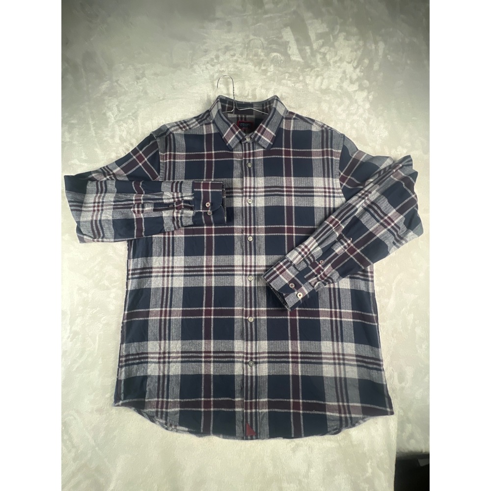 UNTUCKit Mens XL Plaid Button Down Shirt Navy Blue Burgundy Cotton Long Sleeve